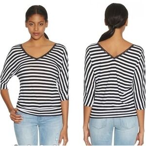 WHITE HOUSE BLACK‎ MARKET XS SoCal V-Neck Blouson Tee Black White Stripe Sequins